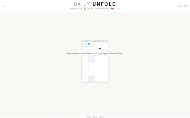 Daily Unfold puzzle #216 (21 Oct 2026), easy: a 4 by 4 sheet folded once and punched, above the empty grid where you tap the holes