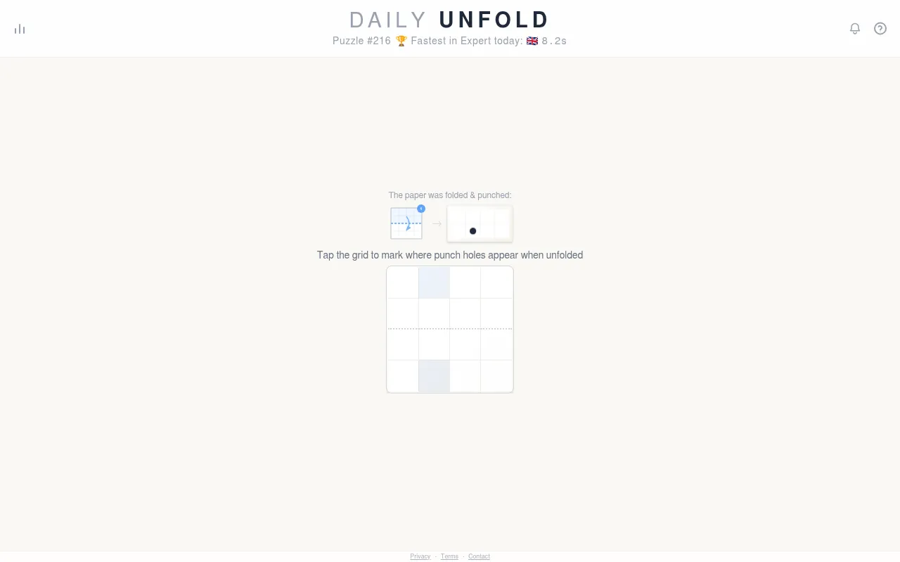 Daily Unfold puzzle #216 (21 Oct 2026), easy: a 4 by 4 sheet folded once and punched, above the empty grid where you tap the holes