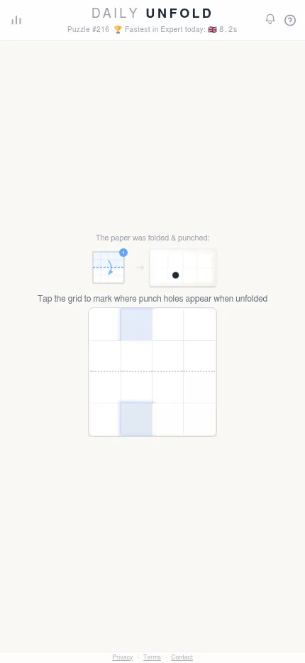 Daily Unfold puzzle #216 at phone size: the folded, punched sheet and the 4 by 4 grid to mark