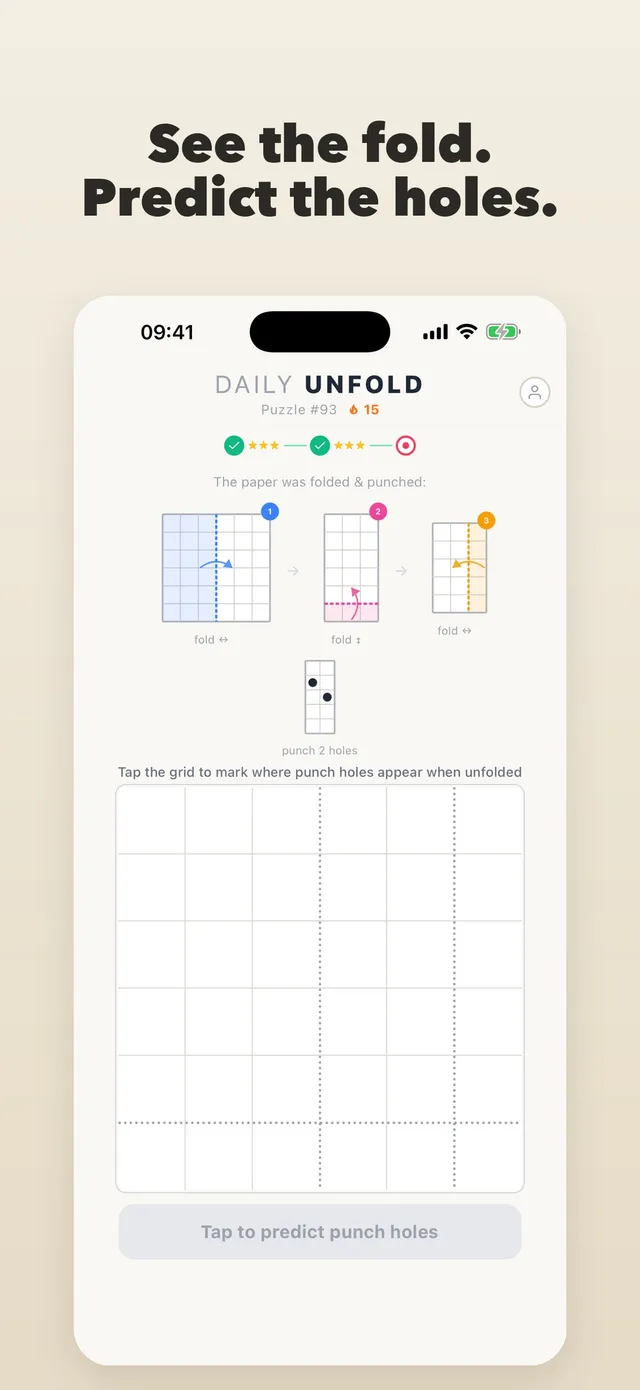 Daily Unfold puzzle 93 on iPhone: three folds and two punched holes shown above an empty grid for predicting the holes