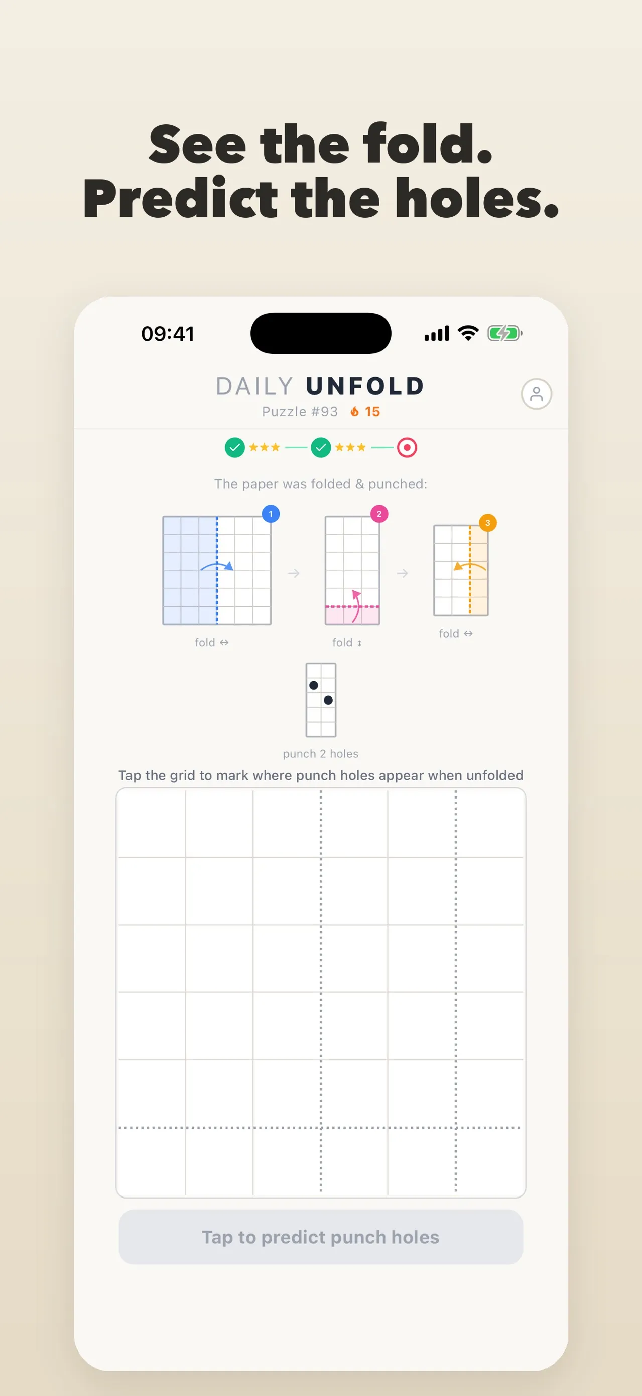 Daily Unfold puzzle 93 on iPhone: three folds and two punched holes shown above an empty grid for predicting the holes