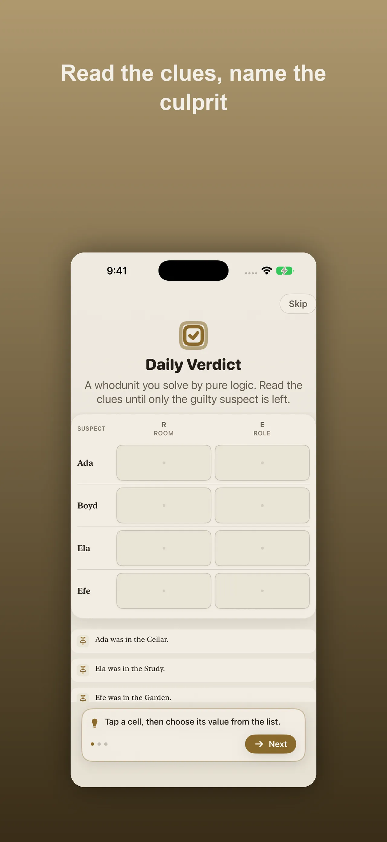 Daily Verdict's tutorial grid with four suspects, room and role columns and the first clues