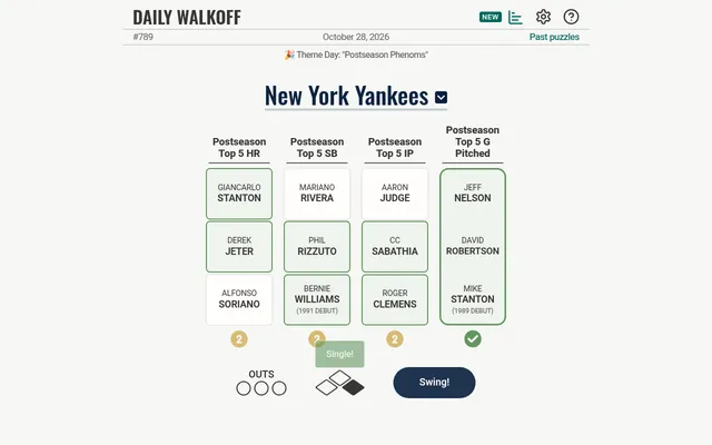 Daily Walkoff #789, 28 October 2026, Yankees theme day Postseason Phenoms: twelve players in four columns after one swing, one column solved and counts of 2 under the others