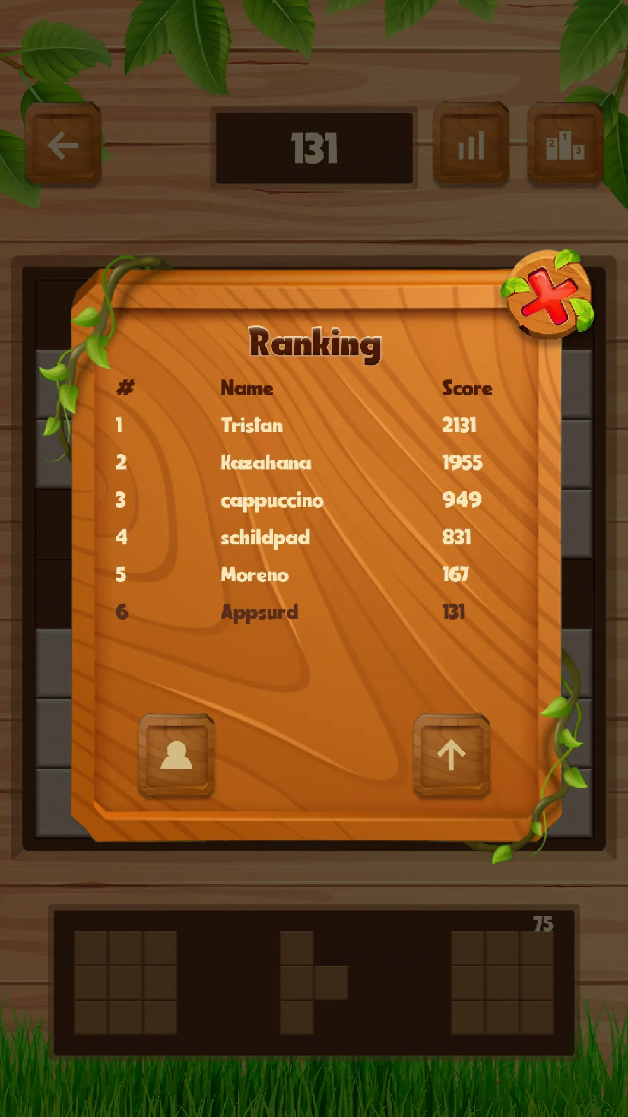 Daily Wood Block Puzzle: the Ranking leaderboard shown over the wooden game board