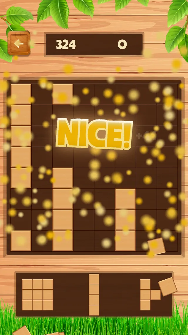 Daily Wood Block Puzzle: an 8x8 wooden board mid-game with a score bar and a NICE! bonus popup, three blocks waiting in the tray