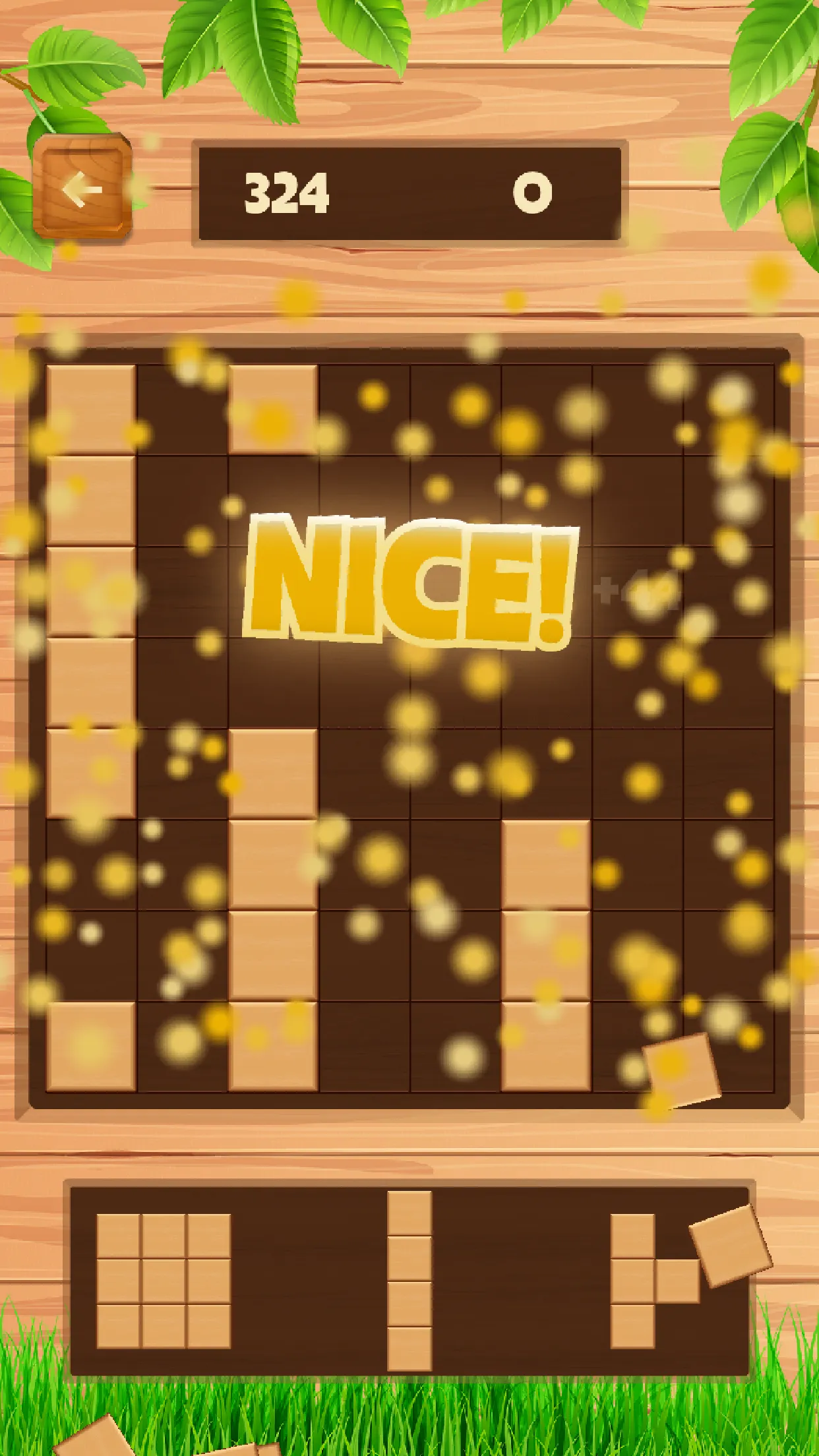Daily Wood Block Puzzle: an 8x8 wooden board mid-game with a score bar and a NICE! bonus popup, three blocks waiting in the tray