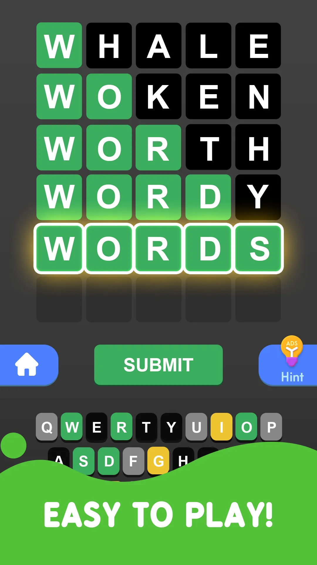 Daily Word Challenge board solved on the fifth guess, WORDS, shown in all green tiles