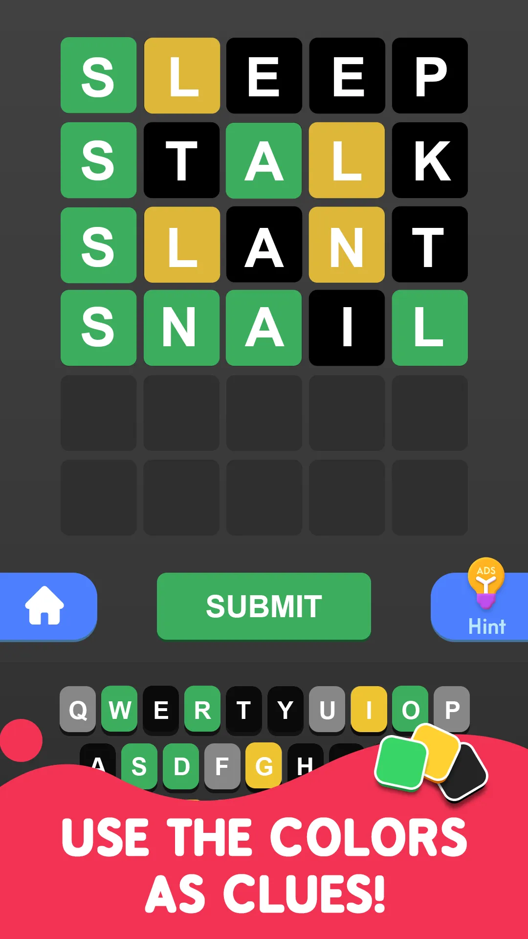 Daily Word Challenge board with four guesses closing in on the word SNAIL using green, yellow and black tiles