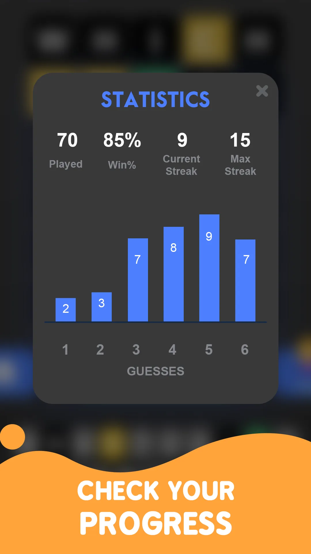 Daily Word Challenge statistics screen with games played, win rate, streaks and a guess distribution chart