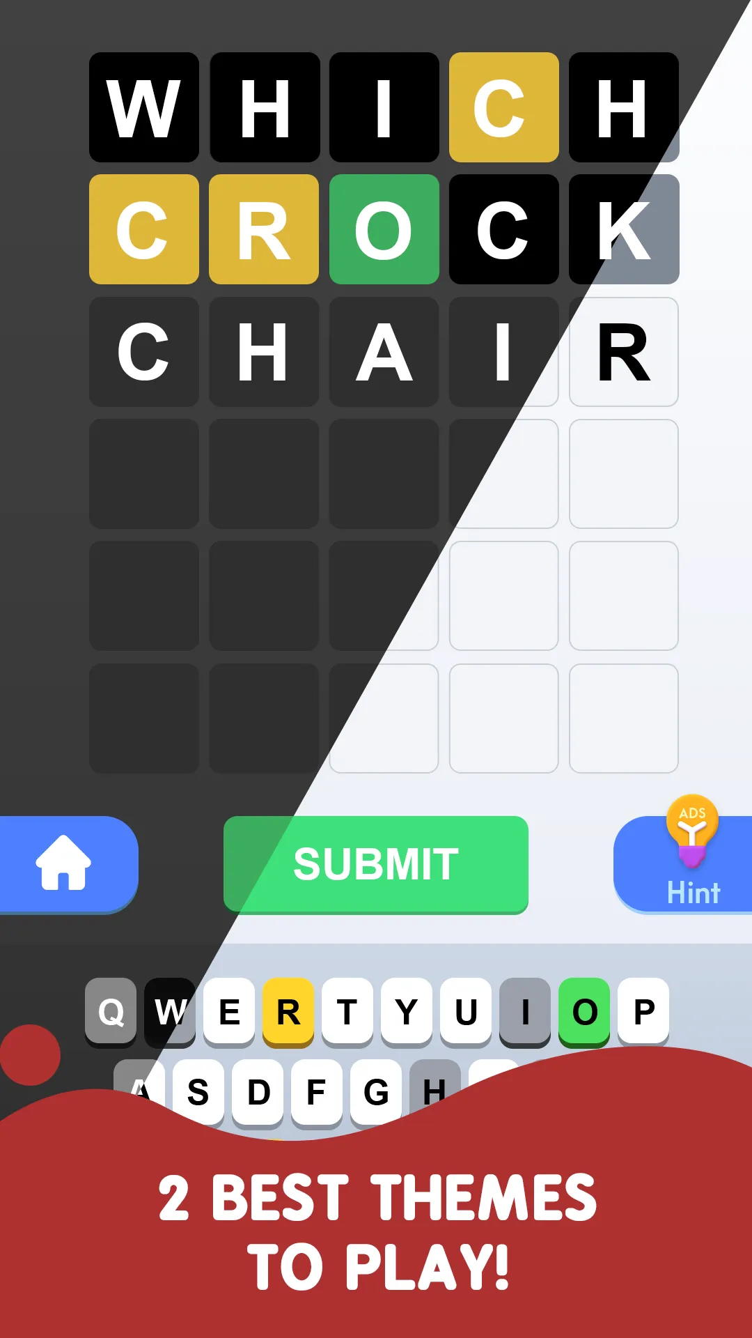 Daily Word Challenge board split between its dark and light themes