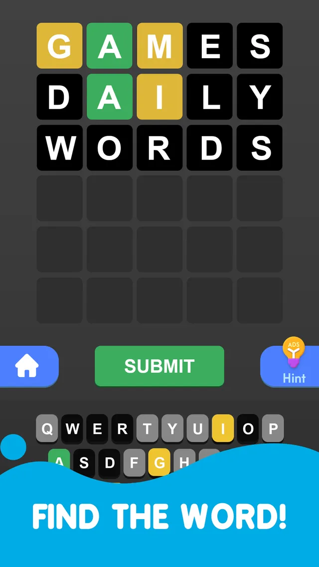 Daily Word Challenge board in the dark theme with three coloured guesses, the Submit and Hint buttons and the keyboard
