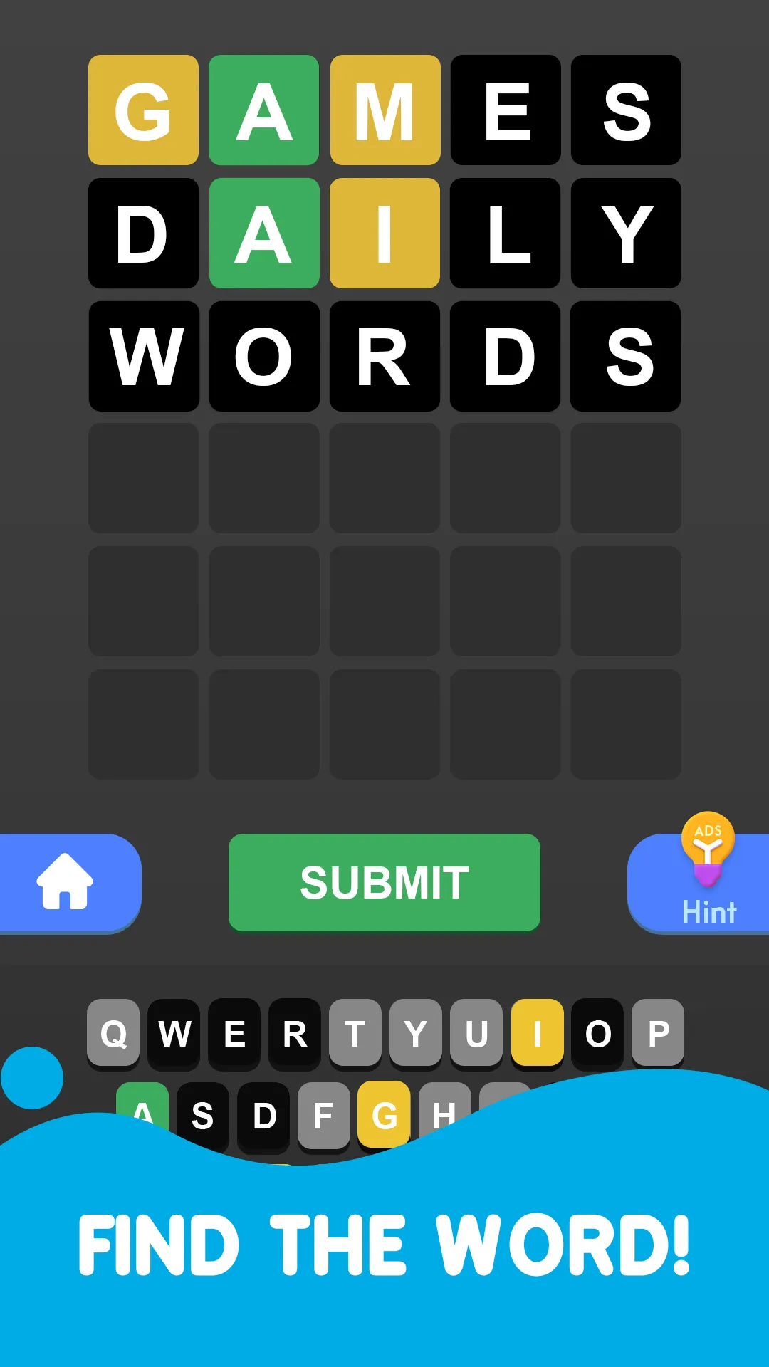 Daily Word Challenge board in the dark theme with three coloured guesses, the Submit and Hint buttons and the keyboard
