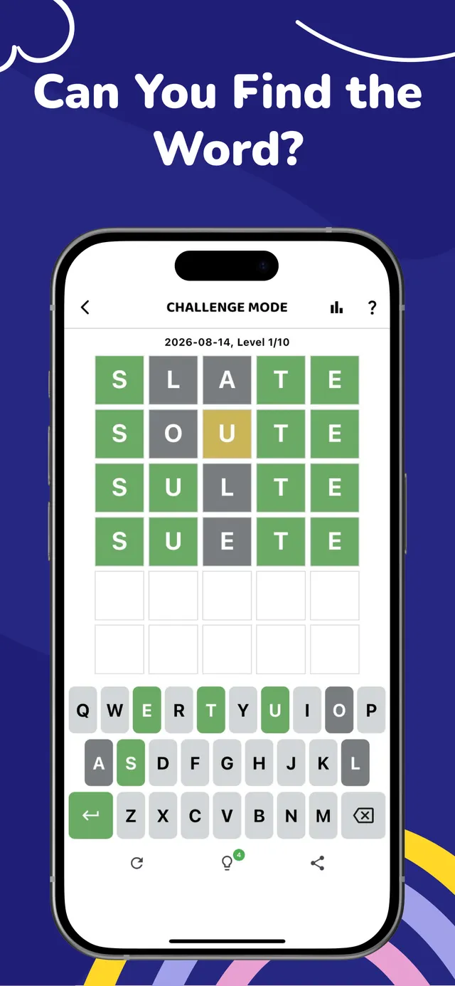 Daily Word Guess Challenge board in Challenge mode, with four guesses coloured green, yellow and grey above the keyboard