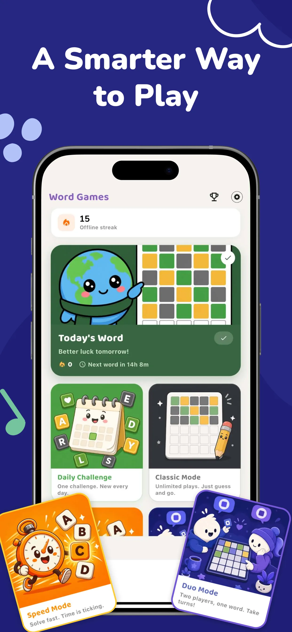 Daily Word Guess Challenge home screen showing Today's Word, Daily Challenge, Classic, Speed and Duo modes