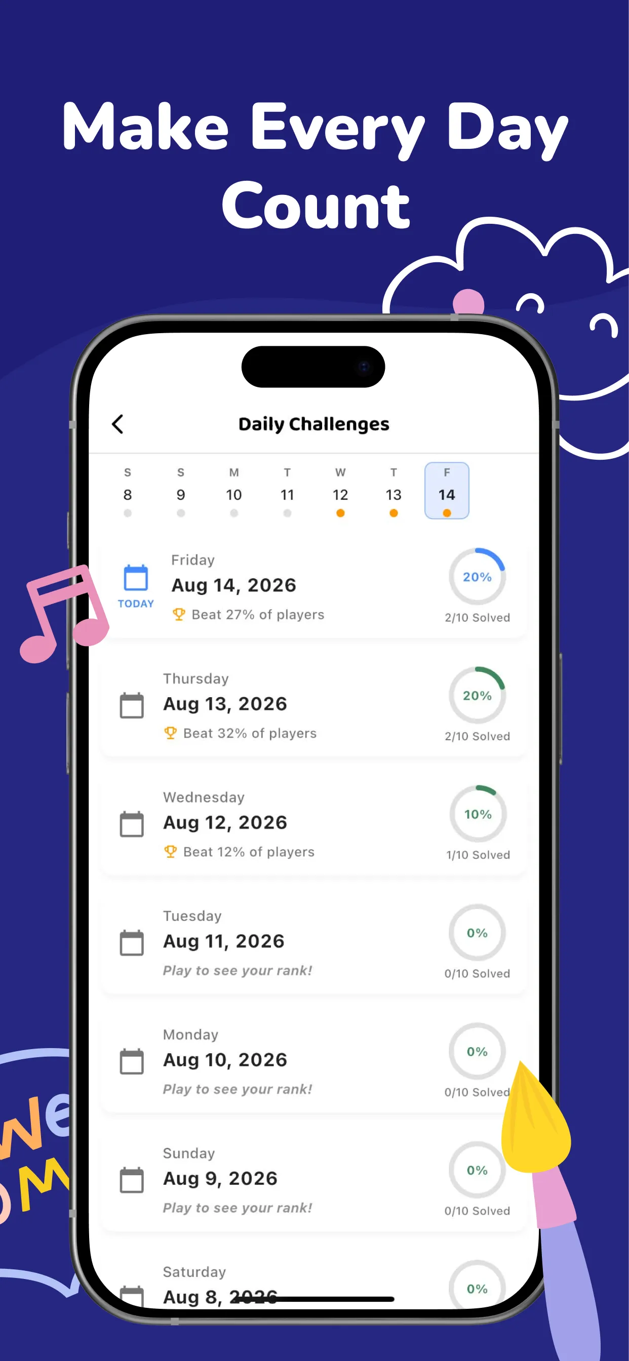 Daily Word Guess Challenge calendar of Daily Challenges with each day's progress and rank