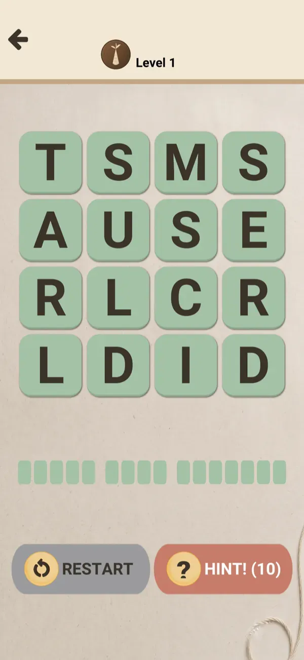 A 4x4 Linky Words letter grid at Level 1 in the app, with Restart and Hint buttons