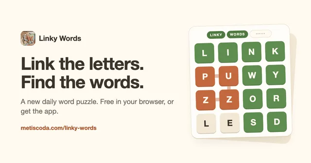 Linky Words share image: a 4x4 letter grid with LINKY and WORDS found in green and PUZZLE being traced