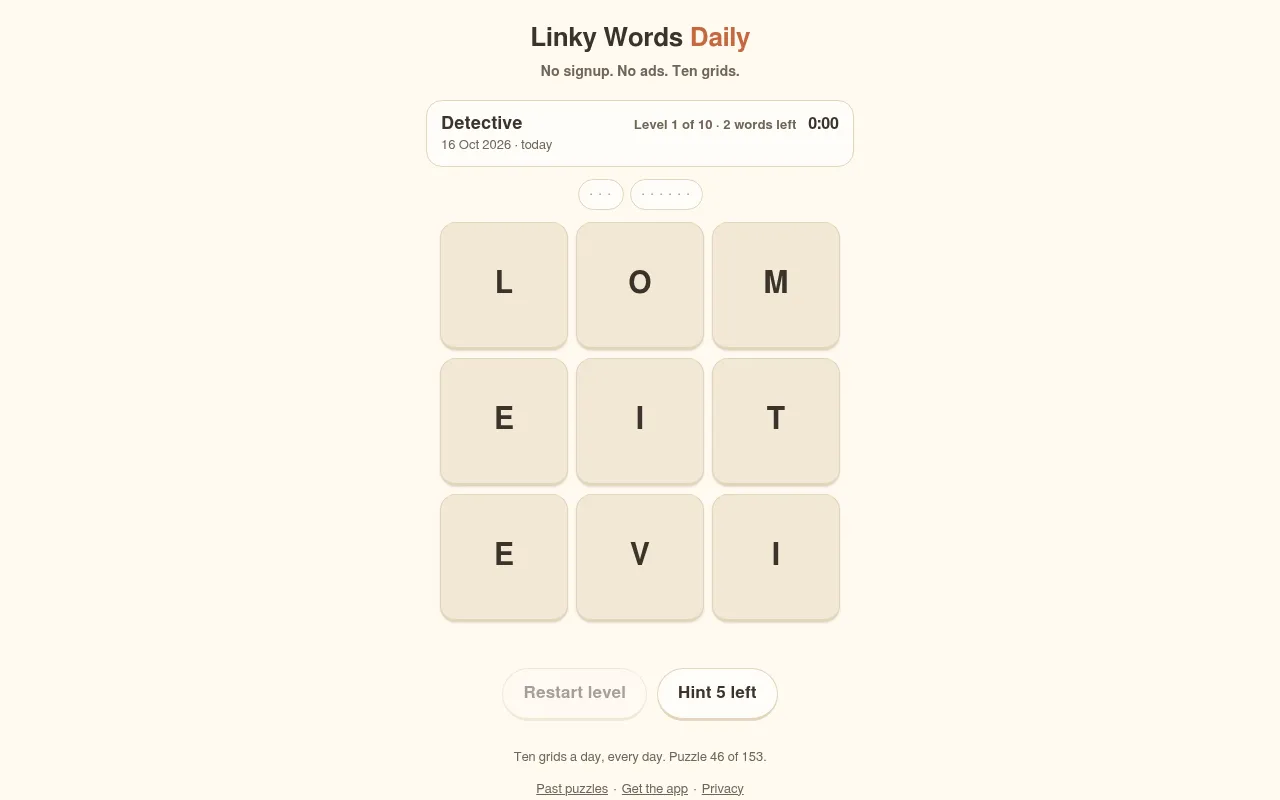 Linky Words Daily in the browser: level 1 of 10 of the Detective theme on 16 Oct 2026, a 3x3 letter grid with two words to find