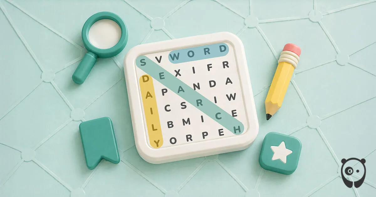 Daily Word Search share art: a letter grid with DAILY, WORD, SEARCH and PANDA marked, beside a magnifying glass and a pencil