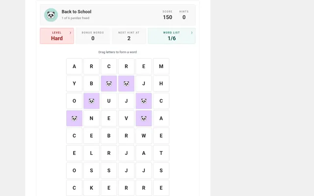 Daily Word Search #155 board on 20 October 2026, Back to School theme on Hard: a 6 by 8 letter grid with freed panda cells, score 150 and word list 1/6