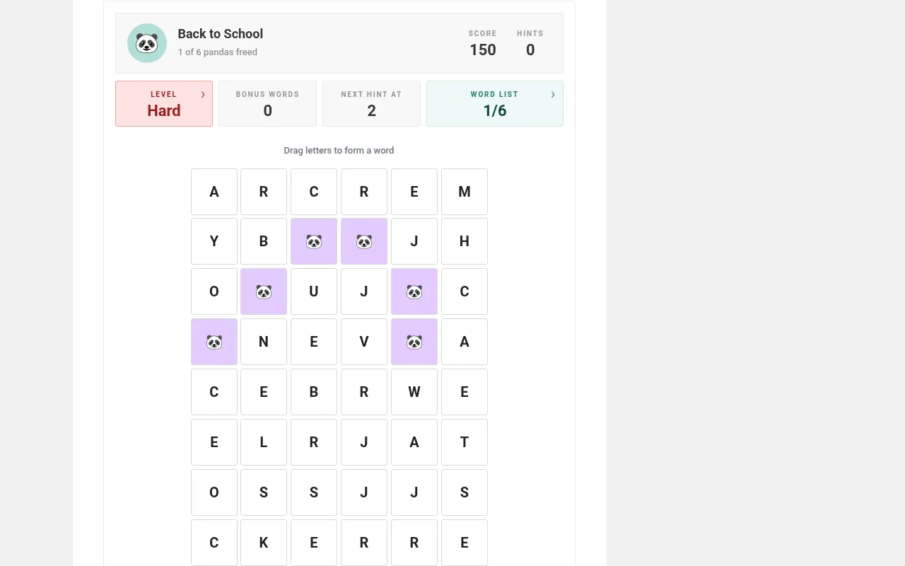 Daily Word Search #155 board on 20 October 2026, Back to School theme on Hard: a 6 by 8 letter grid with freed panda cells, score 150 and word list 1/6