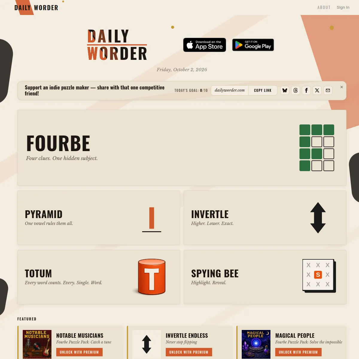 Daily Worder home page for Friday, October 2, 2026 with cards for Fourbe, Pyramid, Invertle, Totum and Spying Bee