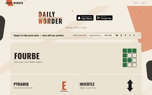The Daily Worder home page for 5 October 2026 with cards for Fourbe, Pyramid and Invertle