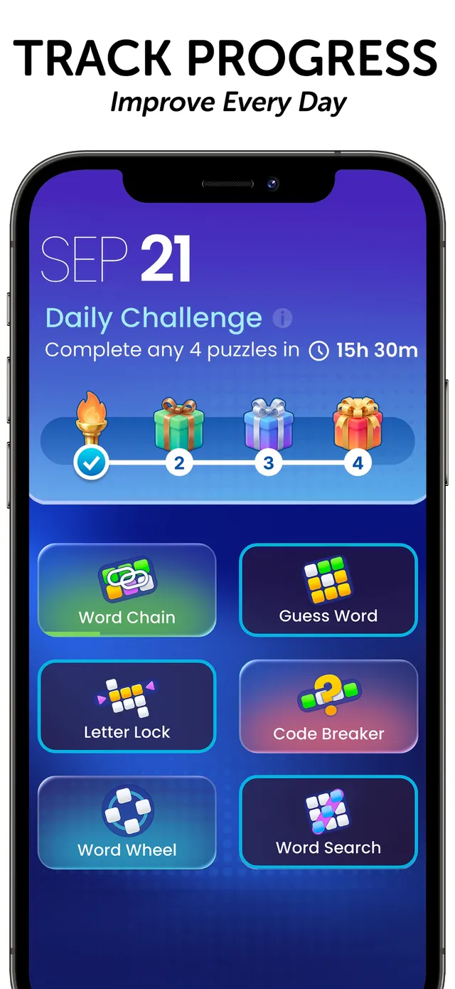 Daily Wordplay home screen dated SEP 21: Daily Challenge, complete any 4 puzzles in 15h 30m, with tiles for Word Chain, Guess Word, Letter Lock, Code Breaker, Word Wheel and Word Search