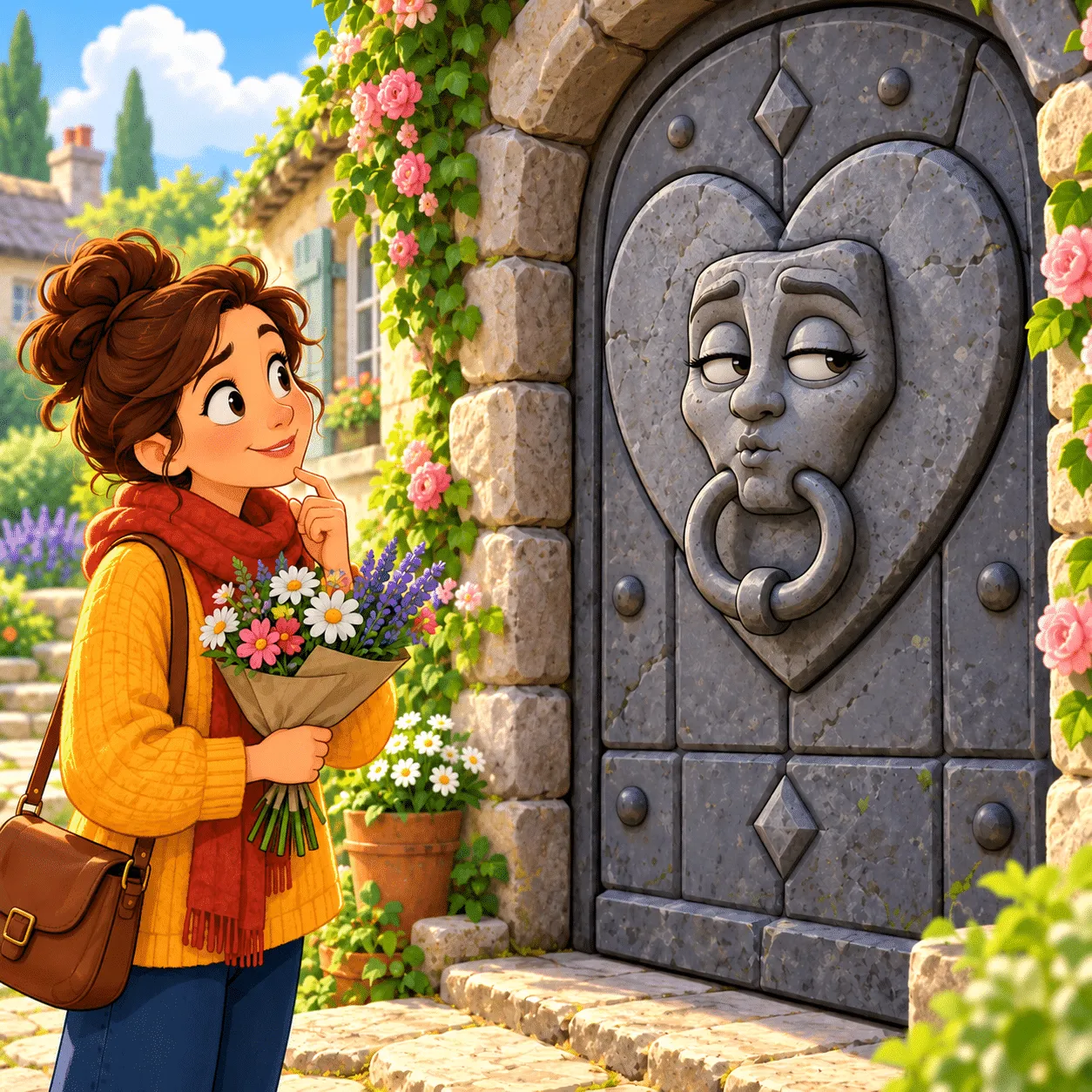 The illustration for Daily Wordshake #880: a woman with flowers before a stone door whose heart-shaped knocker has a sulking face, the picture behind the day's clue