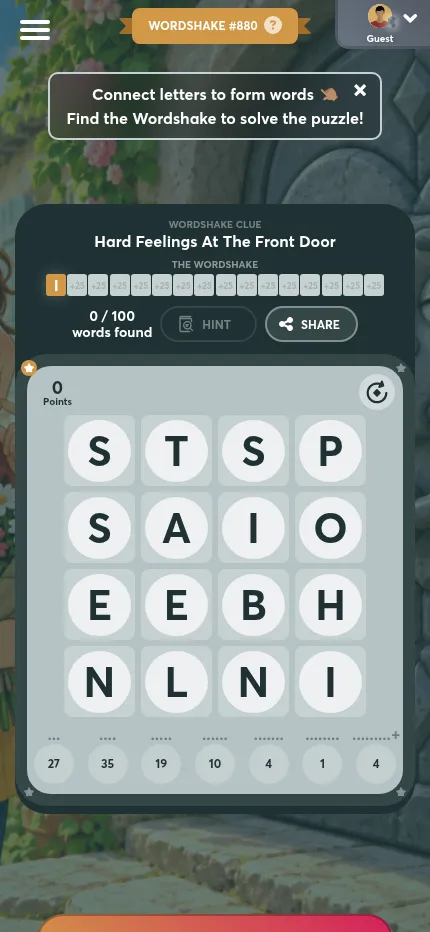 Daily Wordshake #880 on a phone: the clue, sixteen blanks for the Wordshake starting with I, 0 of 100 words and the 4x4 board with word counts by length