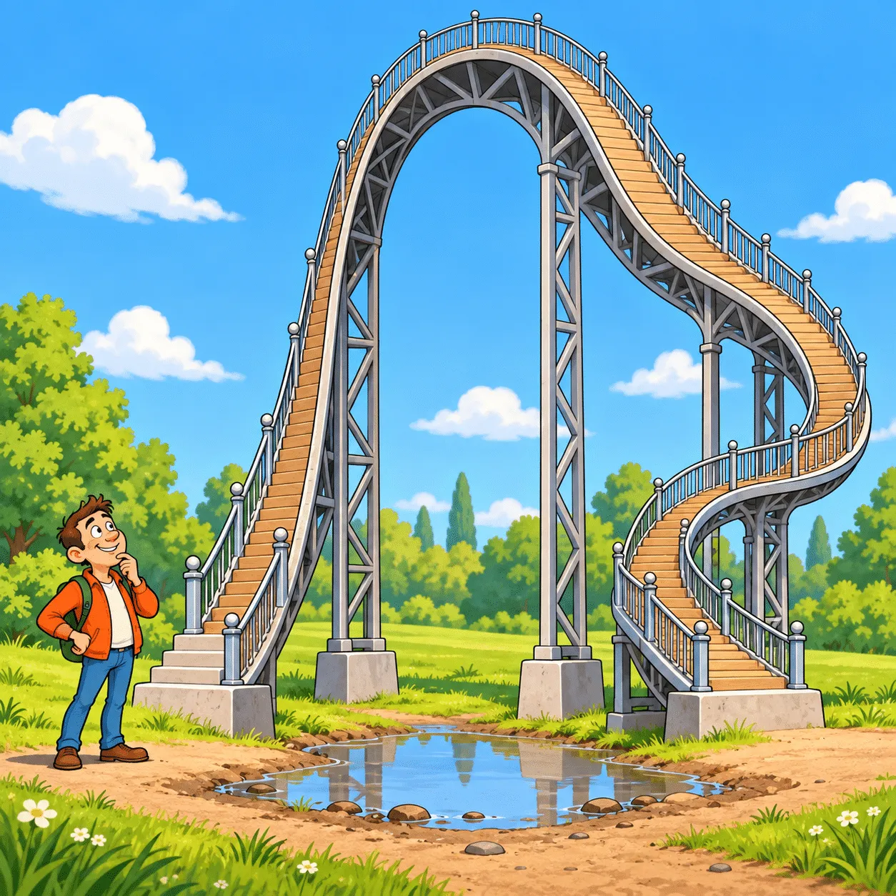 The illustration for Daily Wordshake #859: a man looking up at an impossibly long, winding footbridge over a puddle, the picture behind the day's clue