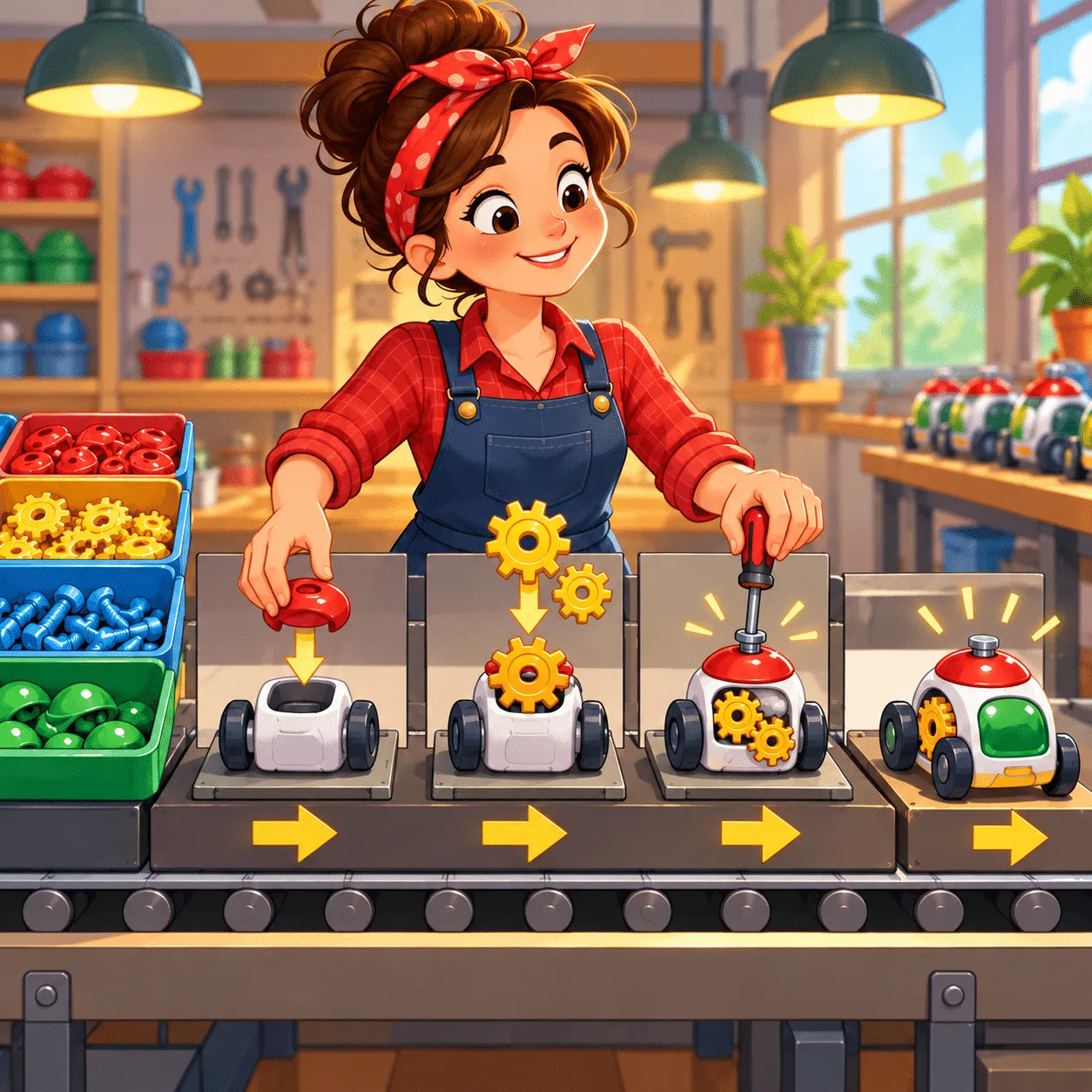 The illustration for Daily Wordshake #871: a woman assembling toy cars on a factory line, the picture behind the clue Order In Every Operation