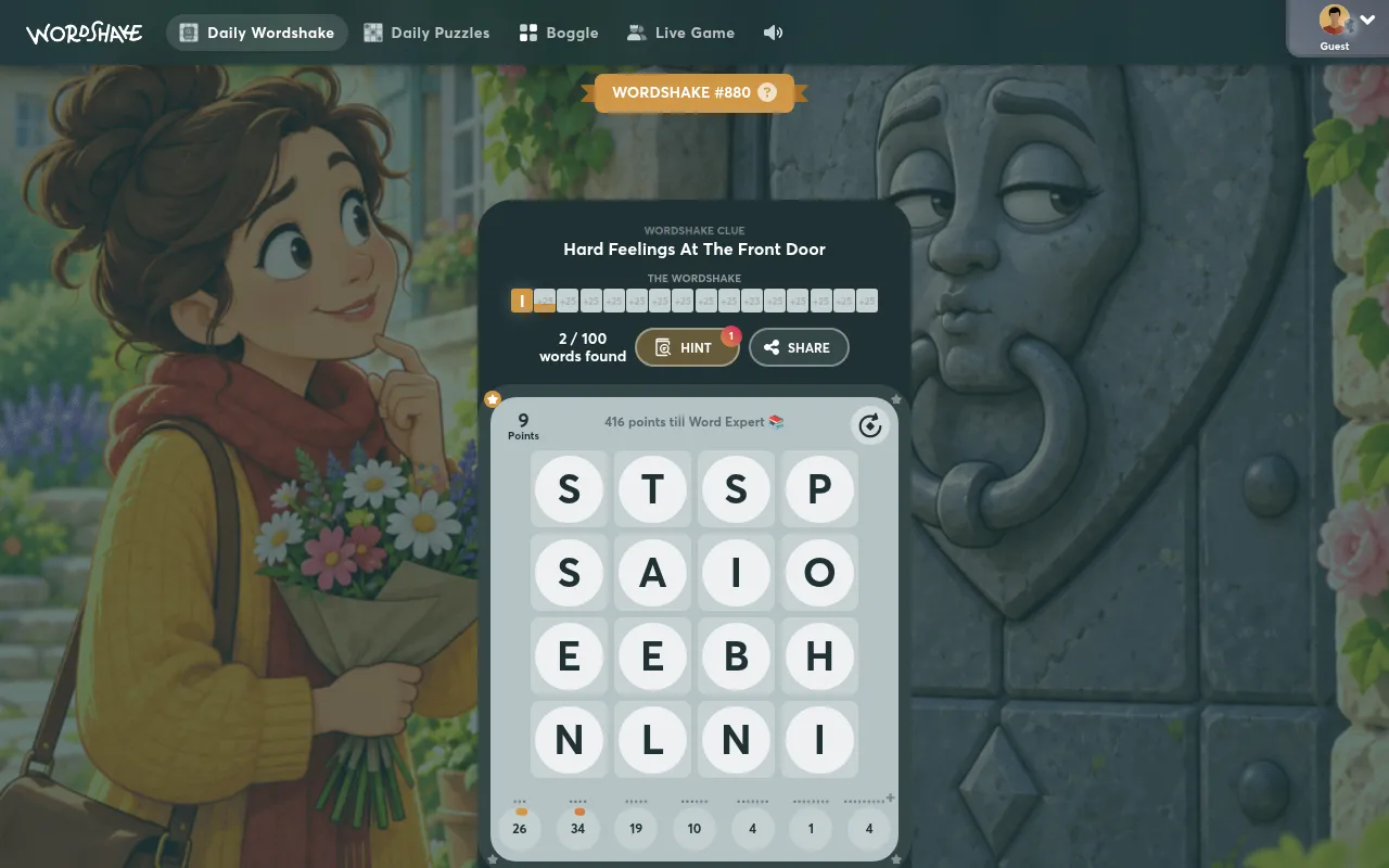 Daily Wordshake #880 on a desktop after finding BAIT and SAT: the clue Hard Feelings At The Front Door, 2 of 100 words found, a hint earned and the 4x4 board