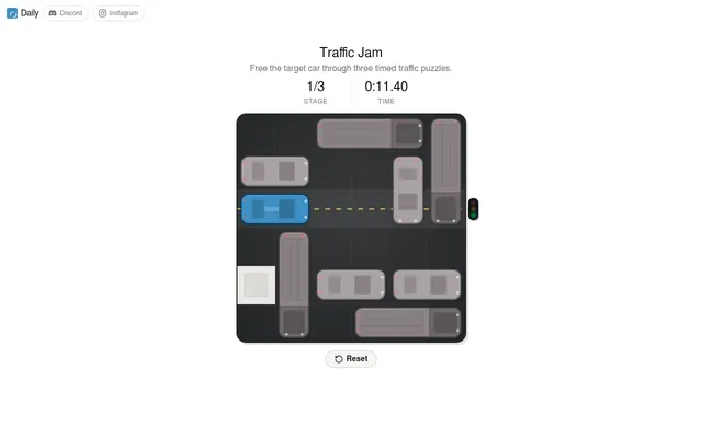 Daily's Traffic Jam puzzle: a 6x6 parking lot of grey cars and trucks with the blue target car facing the exit on the right, stage 1 of 3 with the timer running