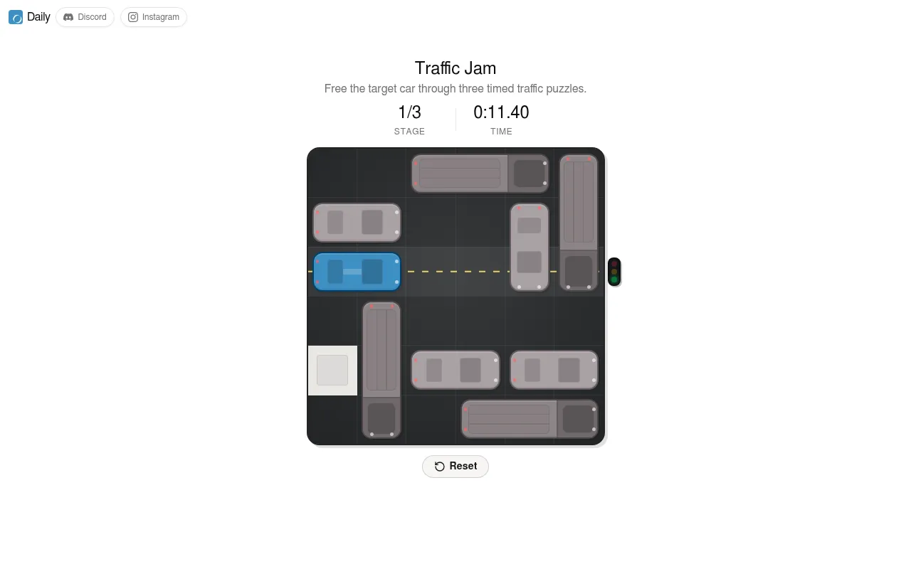 Daily's Traffic Jam puzzle: a 6x6 parking lot of grey cars and trucks with the blue target car facing the exit on the right, stage 1 of 3 with the timer running