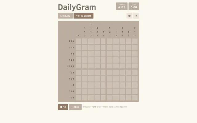 DailyGram puzzle #129 of 19 October 2026: today's empty 10x10 Expert grid with its row and column number clues, Fill and Mark buttons below