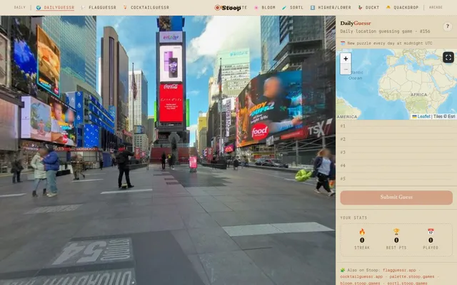 DailyGuessr #156 on 21 October 2026: a street-level panorama of a busy city square full of lit billboards, beside the world map for pins and five empty guess rows