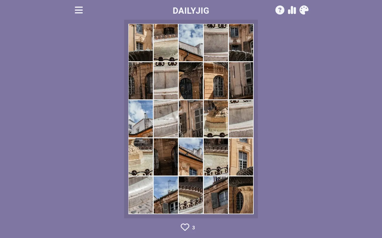 Today's DAILYJIG jigsaw board, 20 Oct 2026: a 5x5 grid of shuffled square pieces of a photo of a stone fountain and ochre buildings with shuttered windows