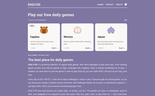 The DAILYJIG home page: today's three games, Capybas, Memory and Jigsaw, with a 0 of 3 progress count and the note that a new set arrives every day at 8:01 PM ET