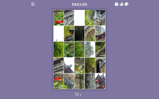Today's DAILYJIG jigsaw board, 27 Oct 2026: a 5x5 grid of shuffled pieces of a photo of a temple roof with red lanterns, stone stairs, a carved railing and green cliffs