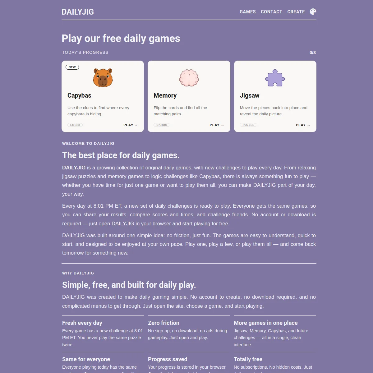 DAILYJIG home page with today's three games: Capybas, Memory and Jigsaw