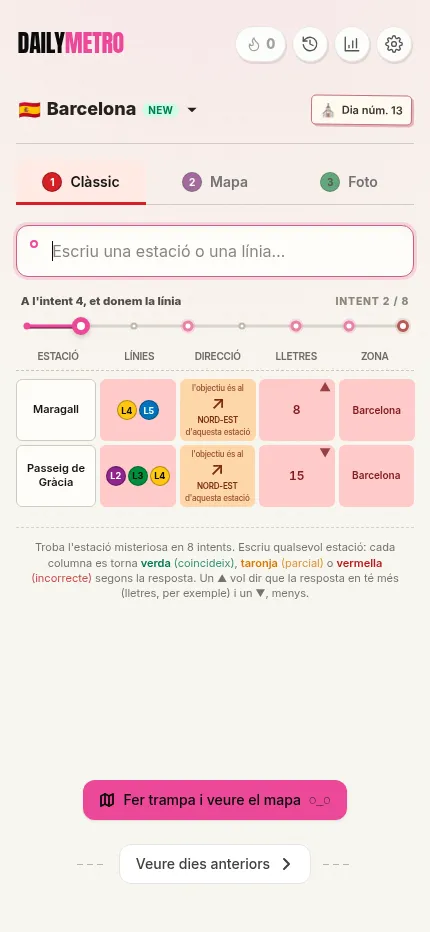 The same DailyMetro Barcelona day 13 board at phone size in the Catalan version, two guesses in