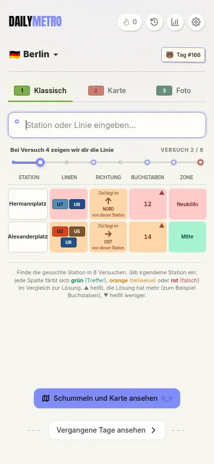 The same DailyMetro Berlin day 166 board at phone size in the German version, two guesses in