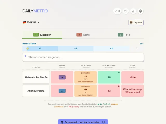 DailyMetro Berlin Classic mode with two guesses showing line, direction, letters and area clues