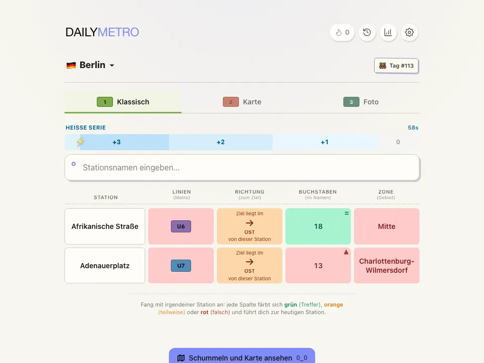 DailyMetro Berlin Classic mode with two guesses showing line, direction, letters and area clues