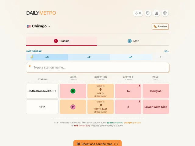 DailyMetro Chicago Classic mode with two guesses showing line, direction, letters and area clues