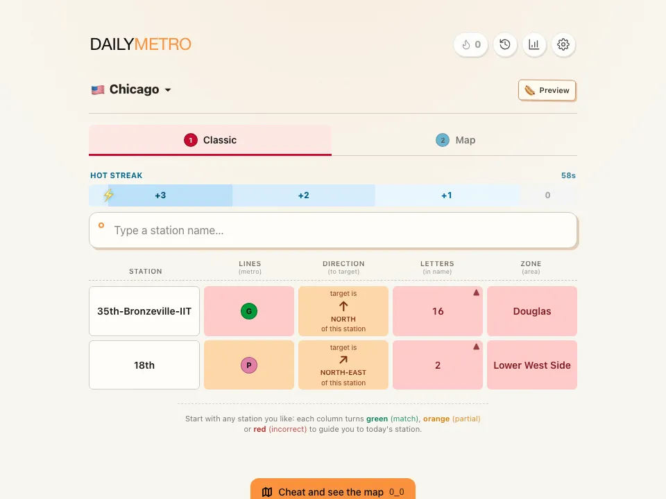 DailyMetro Chicago Classic mode with two guesses showing line, direction, letters and area clues