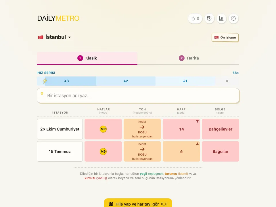 DailyMetro Istanbul Classic mode with two guesses showing line, direction, letters and area clues