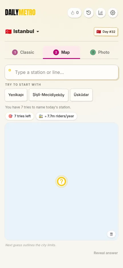 The DailyMetro Istanbul Map round for day 32 at phone size, with 7 tries left to name the station and a blank map waiting for the first guess