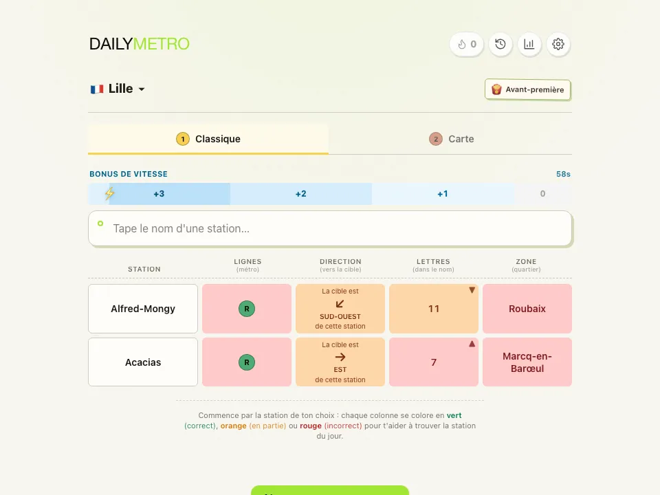 DailyMetro Lille Classic mode with two guesses showing line, direction, letters and area clues